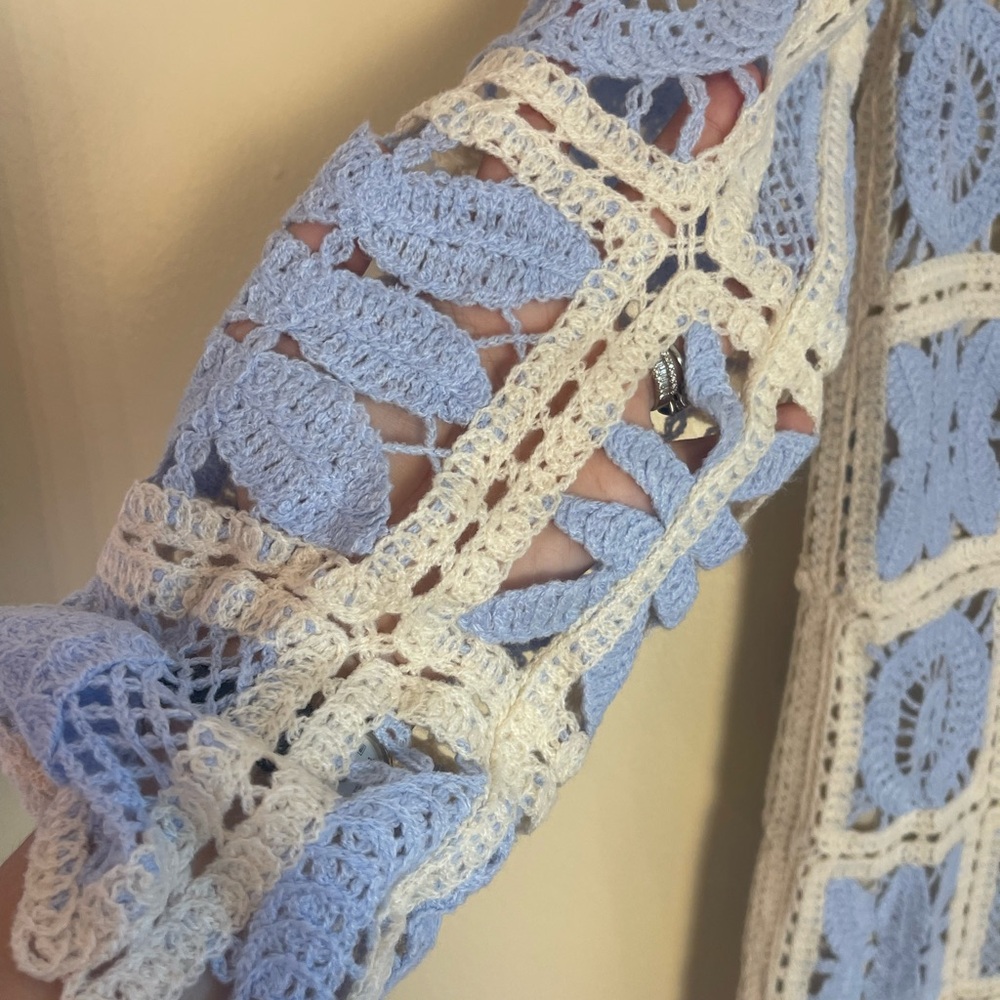 Ivory Crochet Lace Mini Dress S Granny Square Patchwork Boho Cottagecore Retro - Picture 5 of 14